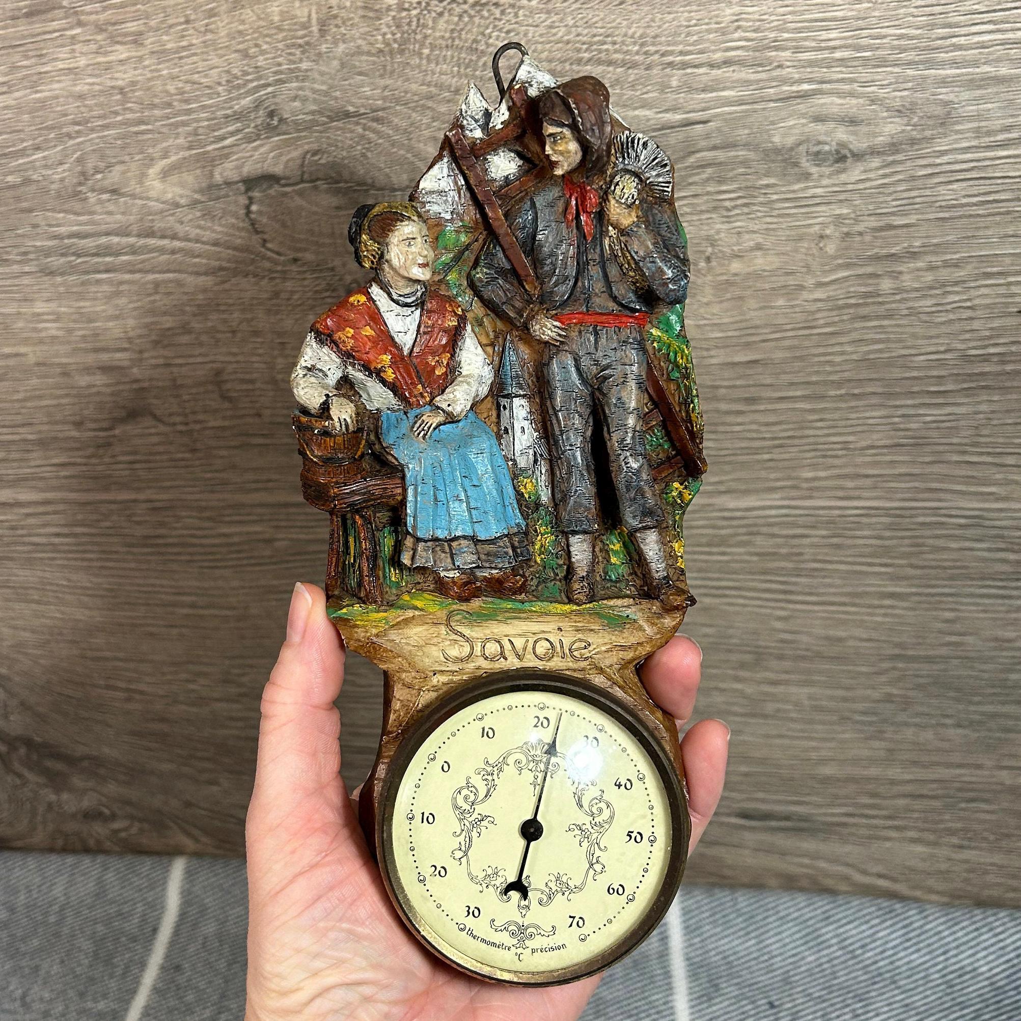 Vintage Savoie French Alps Resin Faux Wood C Thermometer Wall Hanging | Collector Provincial Folk Art Home Decor and Accessories from France