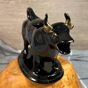 Vintage Victorian Black Ceramic Jackfield Pottery Made in England Cow Shaped Milk Jug Creamer with Lid