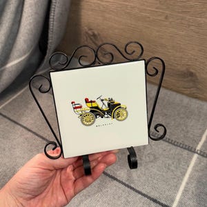 Vintage Wolseley Classic Car Square Tile & Black Metal Frame Letter Holder | Antique British Motor Vehicles | Retro Collectible Convertibles