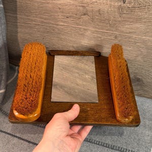 Vintage 2 Clothing Grooming Brushes on Wall Mounted Wooden Mirrored Plaque Rack | Retro Gentleman&#39;s Mirror Accessories | English Collectible