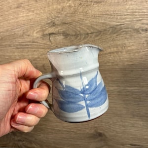 Può includere: Un piccolo brocca in ceramica fatta a mano, con manico e beccuccio. La brocca è principalmente bianca con disegni di foglie blu dipinti all'esterno. Il bordo e il manico sono di colore grigio chiaro. La brocca è tenuta da una mano.