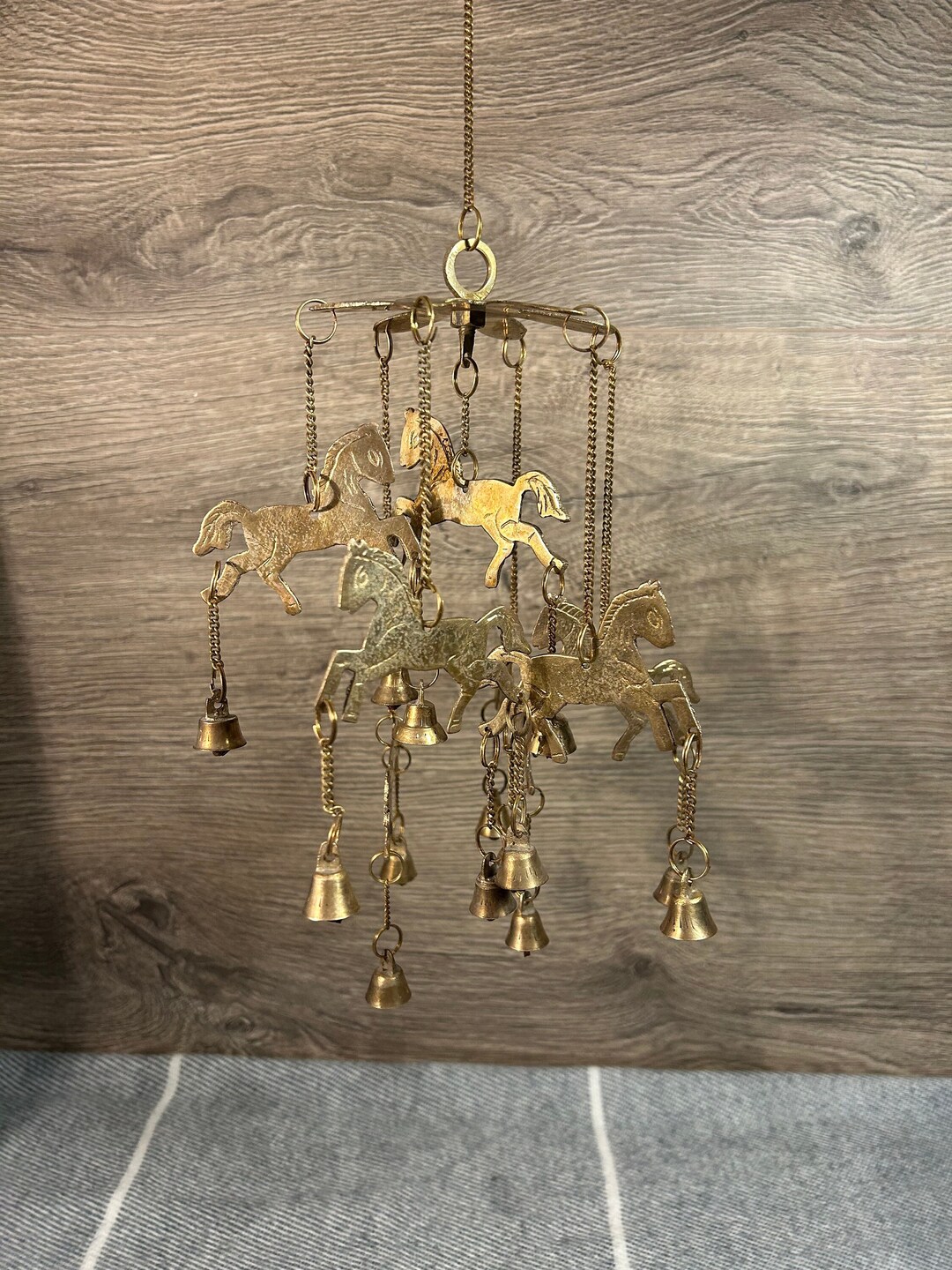 Vintage Mid Century Brass Pony Small Horse Chain Wind Chime Bells