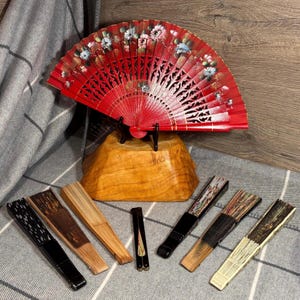 Vintage Set of 8 Folding Hand Fans | Fabric, Paper & Plastic Ladies Accessories | Airflow for Cooling Accessory | Old Breeze Creation Device