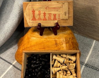 Vintage Chessmen Staunton Pattern S.W.H London Chess 32 Piece Complete Set | Hand Crafted Slide Lid Wooden Box | Old Board Game Collectibles