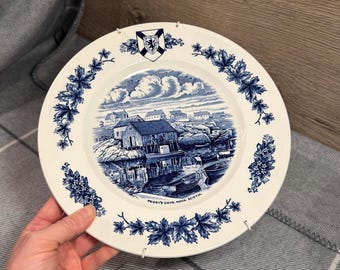 Vintage 25.5cm Peggy’s Cove Nova Scotia Atlantic Canada Collector's Series Burleigh Cobalt Blue & White Plate Made in Staffordshire England
