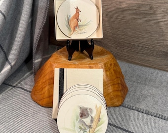 Vintage Jason Australian Animals Boxed 6 Round Table Coasters | Sugar Glider, Red Kangaroo, Common Possum, Platypus, Koala and Common Wombat
