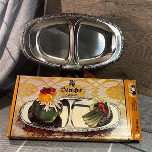 Vintage WMF German Baroque Cromargan Kabarett Stainless Steel 2 Section Hors D&#39;Oeuvre Dish | Twin Snack and Nibble Server | MCM Tray Platter