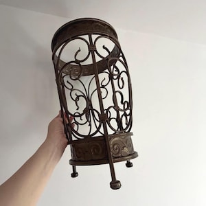 Preloved Bronze Tone Metal Umbrella Stand with Removable Drip Tray | Scroll Metalware Entry Way Essentials | Hallway & Wallside Brolly Racks