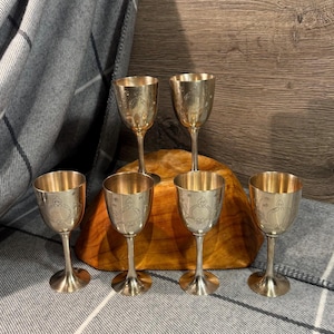 Vintage EPNS verzilverde handgeëtste bekers met steel - set van 6 | MCM-barwagen en drankjes Benodigdheden voor trolleys | Oud retro glaswerk