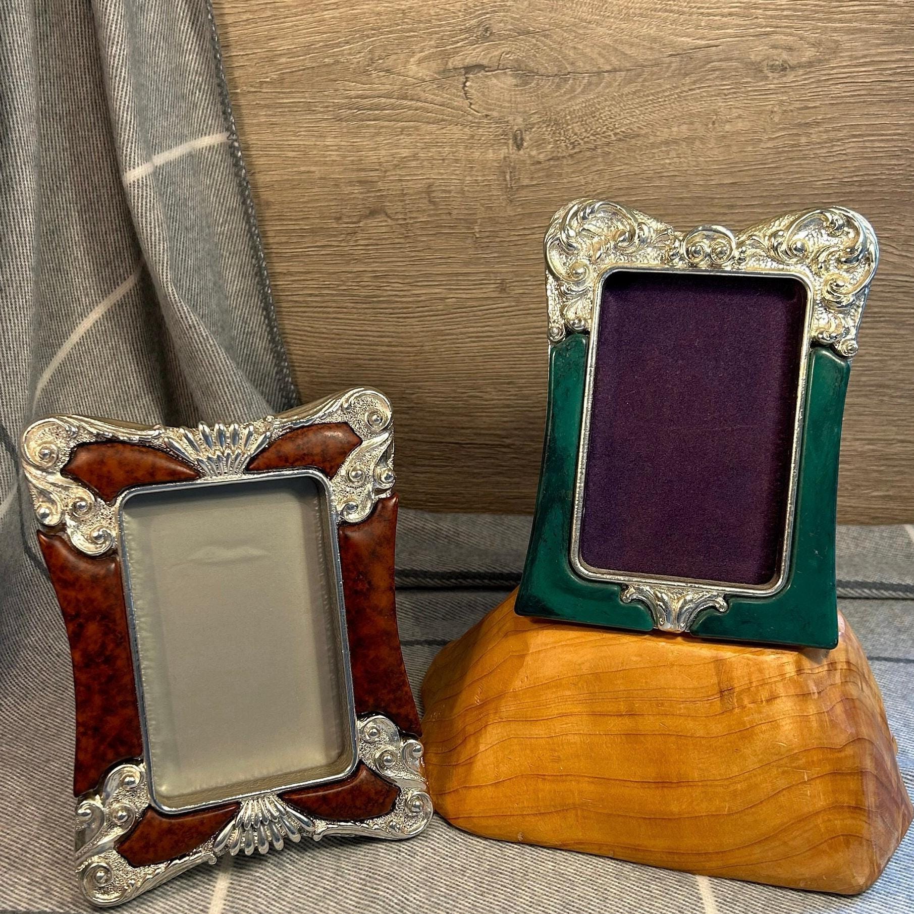 Vintage Mid Century Oreficeria Fiorentina Car Bomboniere Made in Italy Green and Brown Marble Effect Resin Photo Picture Frame- Set of 2
