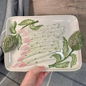 Vintage handbemalte Spargel & Artischocken 874 Portugal Große und schwere Keramik geprägte strukturierte Leben wie Platte | Mediterranes Dekor