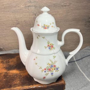 Vintage Tirschenreuth Bavaria White and Petite Multi Colour Floral Porcelain Teapot Coffee Pot