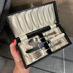 Vintage Laurence R Watson & Co Sheffield England Box of Cutlery | Stainless Steel Fork, Spreader and Spoon| EPNS A1 Silver Plated Server Set