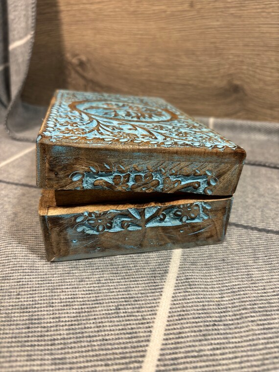 Vintage Hand Carved Wooden Rectangular Turquoise … - image 7