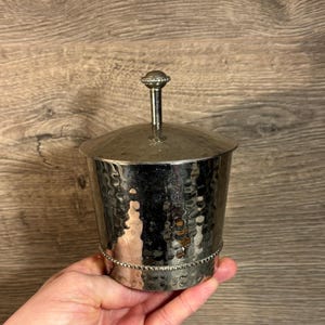 Vintage Hammered Silver Tone Metal Round Lidded Jar with Tall Finial | Multipurpose & Versatile Home Storage | Rustic Pots and Trinket Trays