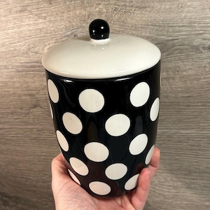 Preloved Price & Kensington Round Lidded Tall Black with White Polka Dots Kitchen Jar | Countertop Daily Kitchenalia | Storage Canister Pot