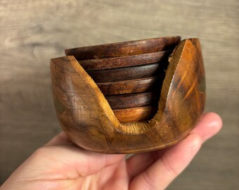 Lot De 6 Sous-verres En Bois Fait Main Avec Incrustation Laiton – Forme Ronde, Fabriqué En Inde