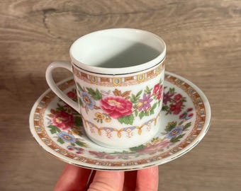 Vintage Pink Lotus Flowers Espresso Demitasse Coffee Cup and Matching Saucer Set of 2 Made in China | Oriental Floral Drinkware Collectibles