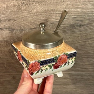 Vintage 1930s Lancaster Ltd Hanley 504 Silver Plated EPNS Spoon & Slotted Lid Floral Pearlescent Marmalade Jam Pot | English Tea Party Jar