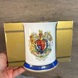 Vintage Ringtons Wade Ceramics HM Queen Elizabeth II Golden Jubilee 1952-2002 Gilded Cup Mug- 50th Anniversary Collectible Special Edition