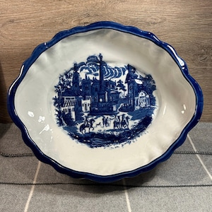 Vintage- Damaged- Large Victoria Ware Ironstone Cobalt Blue and White Ornate Heavy Bowl | Traditional Collectible Historical Old English Art