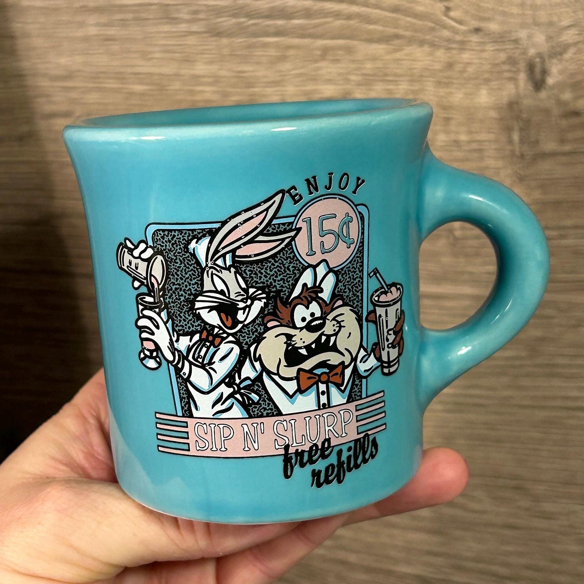 1994 Warner Bros Bugs Bunny & Taz Sip 'N Slurp Free Refills Mug