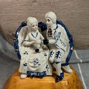 Vintage Collectible Cobalt Blue & White Victorian Era Aristocrat Courting Couple on French Style Gilt Two Seater Salon Sofa Figurine Statue