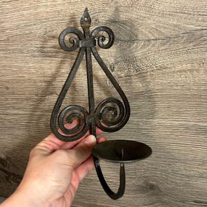 Vintage Wrought Iron Swirl Wall Hanging Candle Sconce | Rusty Wall Mounted Candle Holder | Metal Scrollwork Wall Hanging | Black Wall Decor