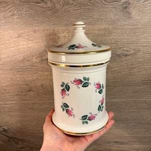 Vintage Portmeirion Pottery Stoke on Trent Made in England 4187 Lidded Gilded Heavy Round Pink Rose Apothecary Jar | Collectible Old Storage