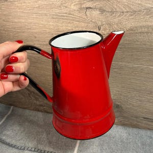 Vintage Mid Century Red Enamel Metal Polish Coffee Pot | MCM Kitchenalia Made in Poland | Retro Enamelware Decor | Rustic Art Kitchen