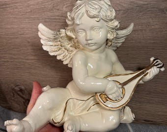 Vintage Rococo Style Era Large Cream Off White Painted Chalkware Plaster Cherub Angel Statue with Golden Wings Playing the Lute Sculpture