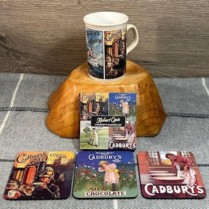 Vintage Cadbury&#39;s Chocolate Delicious & Wholesome and Bournville 1925 Old Advertising Posters Staffordshire Made in England Collectible Mug