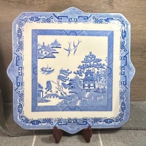 1881 Rare Antique Victorian Minton's 2211 Stamped Collectible Cobalt Blue & White Big Heavy Gilded Square Tray | Traditional Willow Pattern