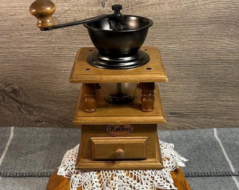 Vintage German 'Kaffee' Fresh Coffee Bean Manual Hand Mill Tan Wood Grinder | Germany Retro Metal Mechanism & Drawer Coffee Hand Crank Mill
