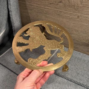 Può includere: Un sottopentola rotondo in metallo dorato con un design dettagliato di leone. Il sottopentola ha tre piccoli piedini e un bordo decorativo. Il leone è raffigurato in una posa regale, con dettagli intricati. Misura circa 15 cm di diametro.