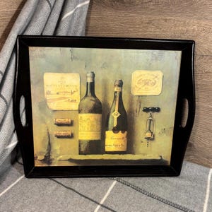 Vintage Kitsch Black Wood Lightweight French Château Red Wine Motif Large Rectangular Tray with Integrated Handles | Barware Basic Essential