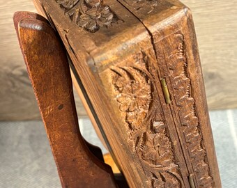ヴィンテージ手彫り木箱 | インド製ブラウン木製花彫り収納 | MCM蓋