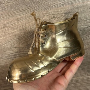 Vintage Mid Century Gold Tone Heavy Solid Brass Small Boot Planter | Rustic Shelf & Desk Accessories | 1970s Matchstick Holder | Home Decor