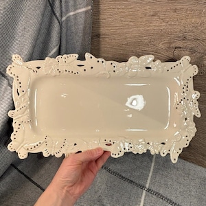 Vintage Minimalist Crown Regal Embossed Butterfly Edge Reticulated Creamware Porcelain Sandwich Tray | Luxurious English Tea Summer Party