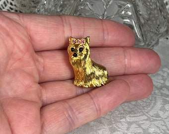 Vintage Signed Joan Rivers Gold Tone Rhinestone Yorkshire Terrier Puppy Dog Shape with a Pink Bow Brooch Pin