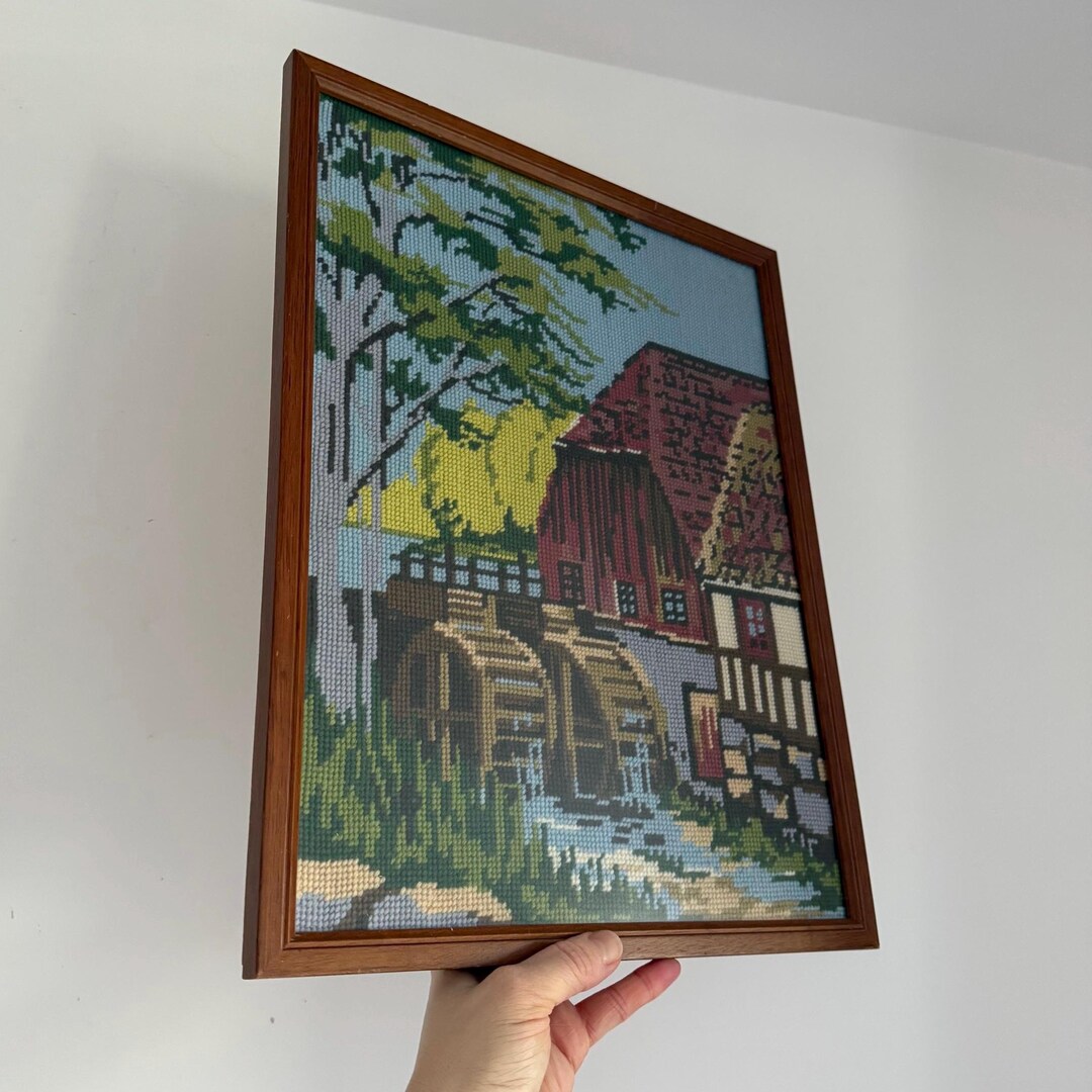 Vintage Watermill Country Scene Framed Needlepoint Wall Hanging | 80s ...