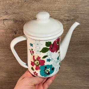 Vintage Enamel White Small Floral Lidded Coffee Teapot | Kitchen Enamelware with Flowers | Country Kitchenalia Essentials | Gardener Decor