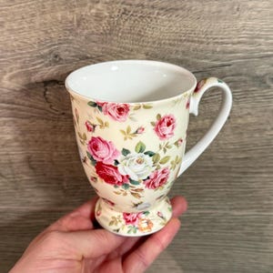 Vintage Kirsty Jayne China Staffordshire England Shabby Chic Pink Roses Pedestal Mug | Floral Rose Home Decor | Florist Gardener Kitchenalia