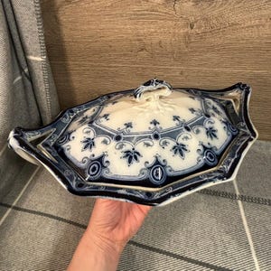 Vintage Ford & Sons Dudley Burslem Blue and White Tureen | Antique Pedestal Lidded Ornate Casserole Dish | English Kitchenalia Collectibles