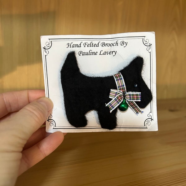 Preloved Hand Felted Brooch Pin by Pauline Lavery of a Black Scottish Terrier Scottie Dog with Green Tartan Bow and a Tiny Sleigh Bell