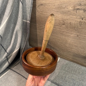 Vintage Hand Carved Wooden Hand Held Butter Press | English Primitive Kitchenalia Antiques | Dairy Farmhouse Old Wood Pestle Masher Pounders