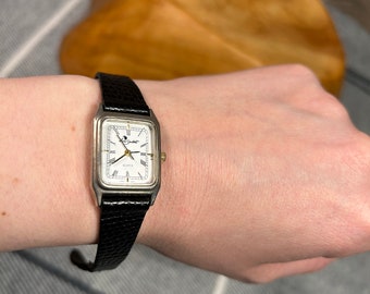 Vintage Silver Tone Ladies Luis Santini Roman Numerals Petite Quartz Watch with Apollo Black Leather Strap- Made in Great Britain