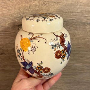 Vintage Sadler Orientally Inspired Yellow Chrysanthemum & Blue Exotic Bird Ginger Jar | Small Round Lidded Pottery Storage Made in England