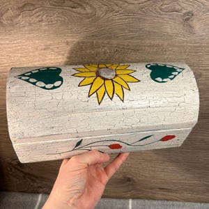 Vintage Hand Crafted & Painted Yellow Sunflower and Red Poppy Flower Crackle Effect Old Wooden Rectangular Lidded Jewellery Keep Sake Box