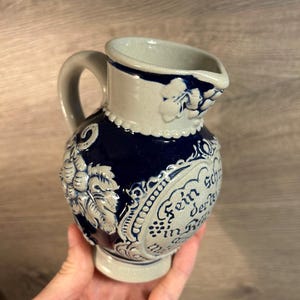 Vintage Traditional German Petite 1/4Lt Rudesheim am Rhein Pitcher | Small Cobalt Blue Jug from Germany | Grapes and Vine Leaf Art Decor